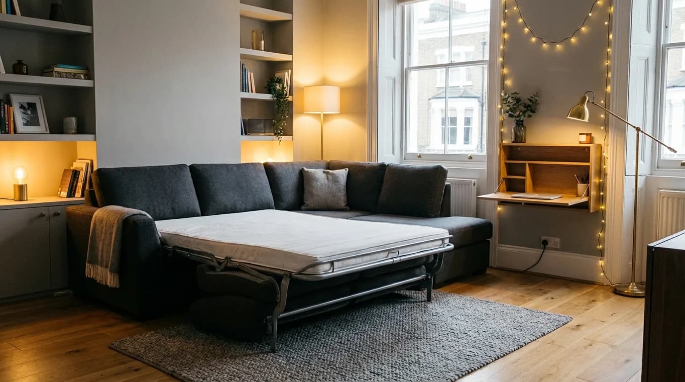 A corner sofa bed pulled out into sleeping position in a compact living room