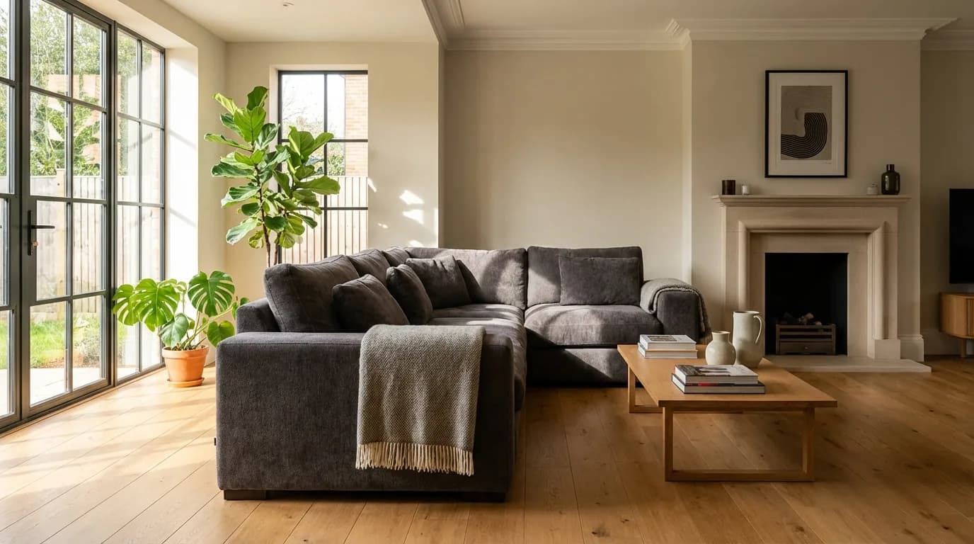 A large grey L-shaped corner sofa in a modern living room with natural light
