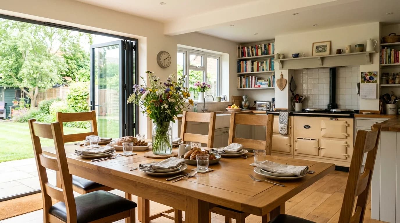 A solid oak extending dining table set for six in a bright kitchen-diner