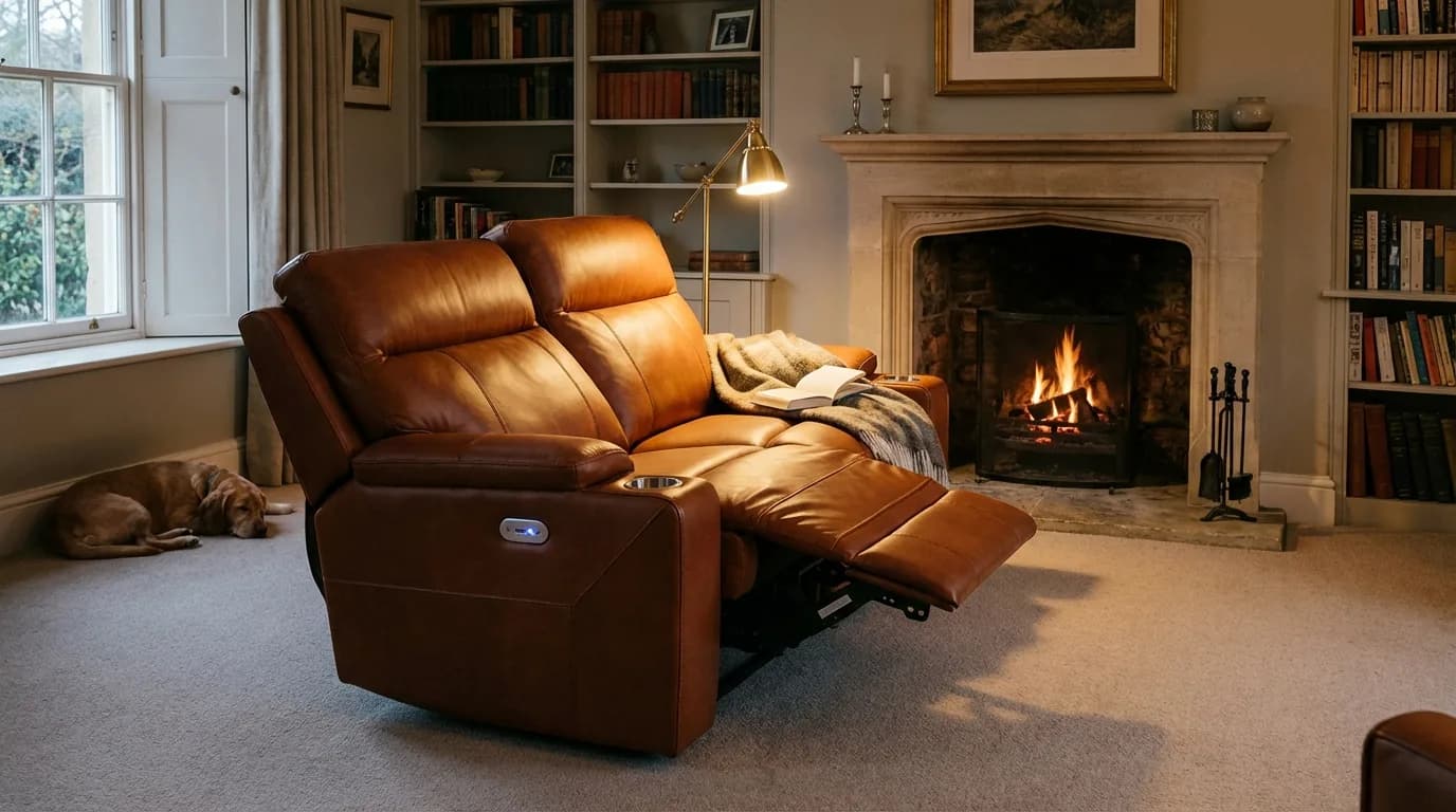 A leather electric recliner sofa in the reclined position with a cup holder visible