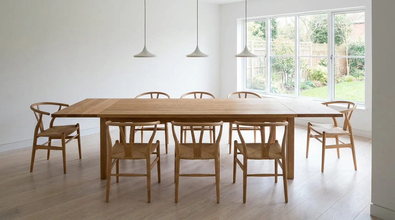An oak extending dining table with the leaf pulled out, set for eight people