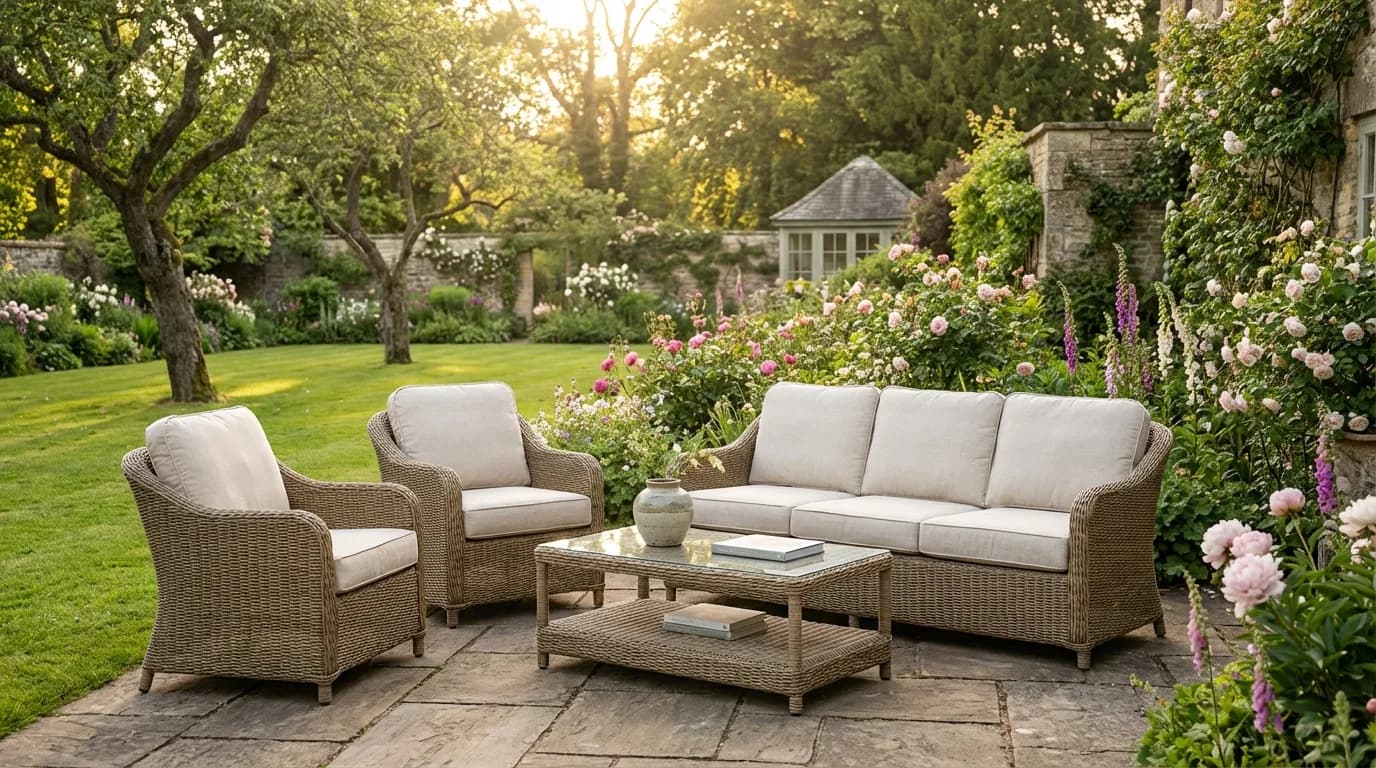 A rattan garden sofa set on a patio surrounded by green plants in a UK garden
