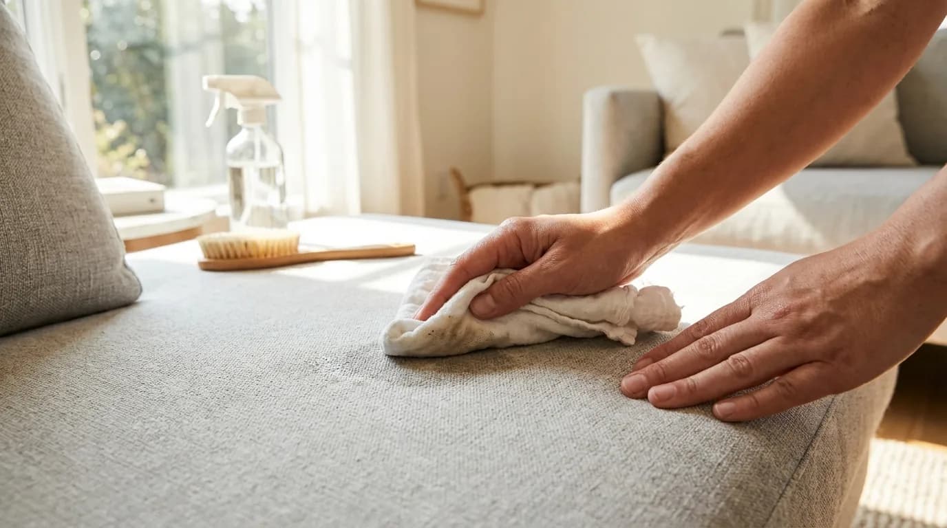 A hand cleaning a light grey fabric sofa cushion with a microfibre cloth