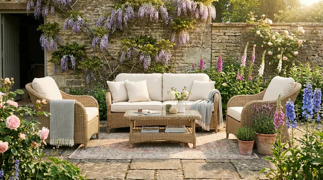 A grey rattan corner garden set with cushions on a wooden deck