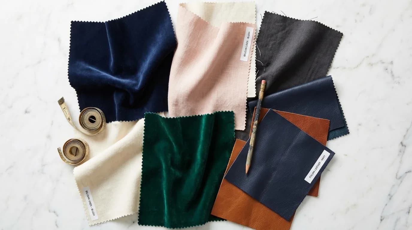 Fabric swatches in various colours and textures laid out on a sofa arm