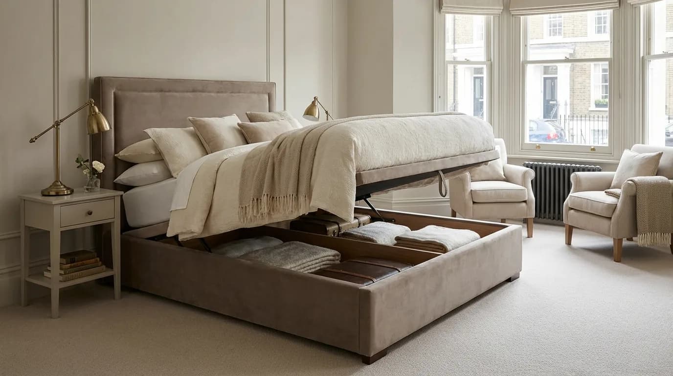 A velvet king-size ottoman storage bed with the base lifted to reveal storage space