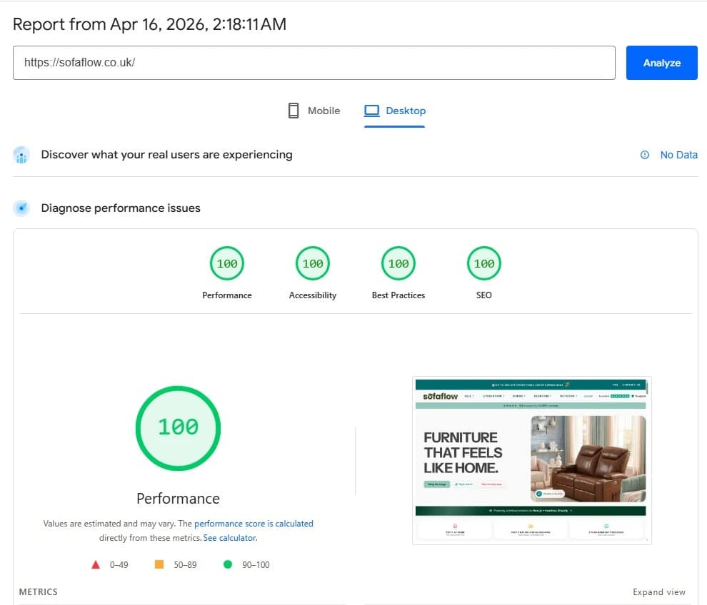 SofaFlow desktop PageSpeed Insights: Performance 100, Accessibility 100, Best Practices 100, SEO 100 — perfect score across all four categories