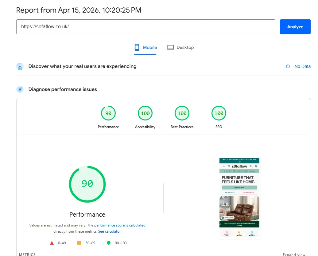 SofaFlow mobile PageSpeed Insights: Performance 90, Accessibility 100, Best Practices 100, SEO 100