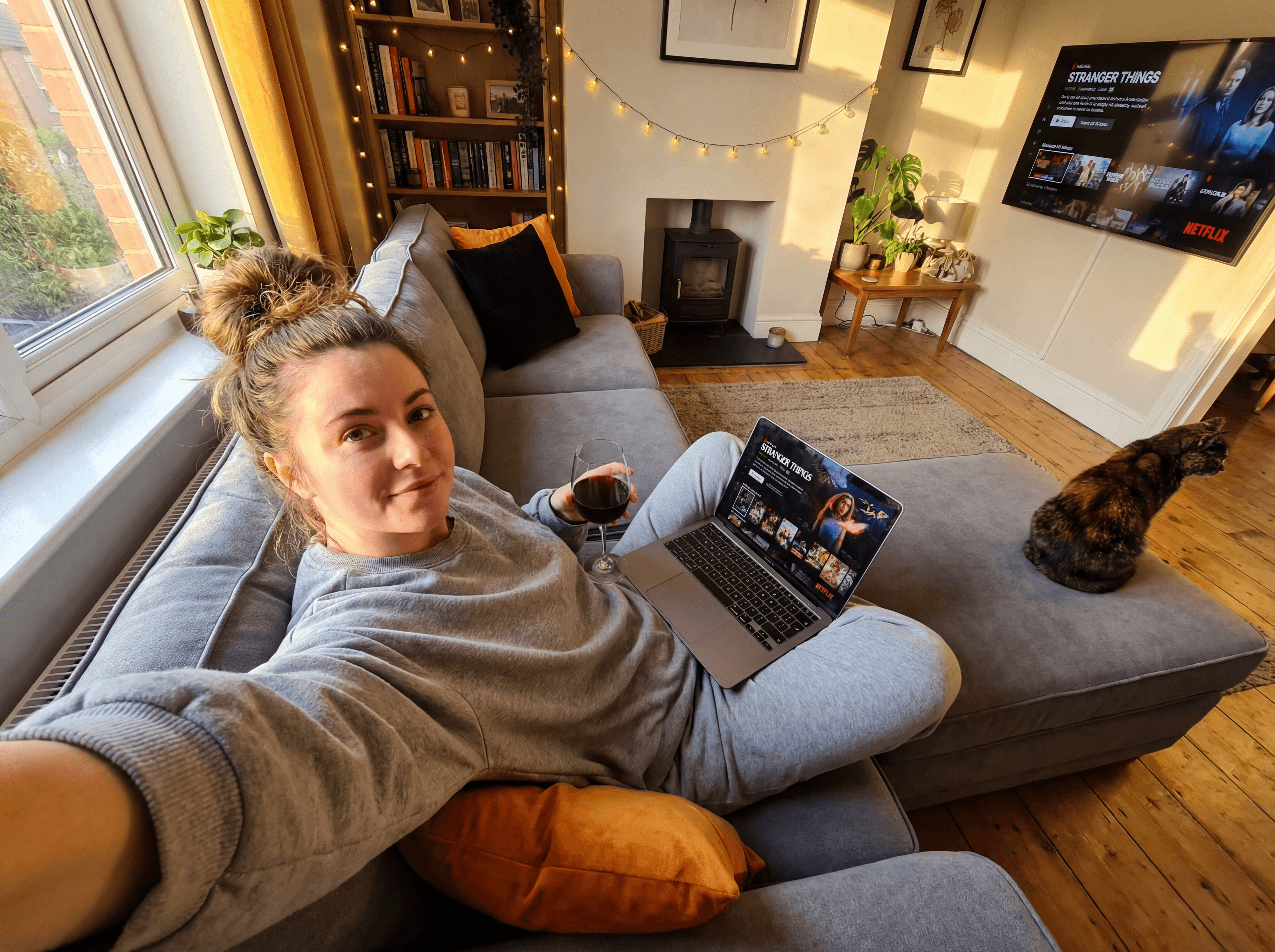 Sophie with their Orka Corner Sofa